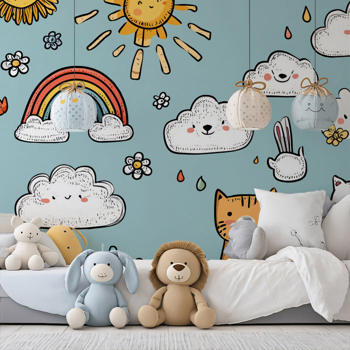 Doodle Animal Cloud Wallpaper | Hand-Drawn, Kawaii, Light Blue Nursery Print