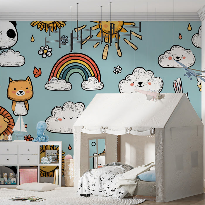 Doodle Animal Cloud Wallpaper | Hand-Drawn, Kawaii, Light Blue Nursery Print
