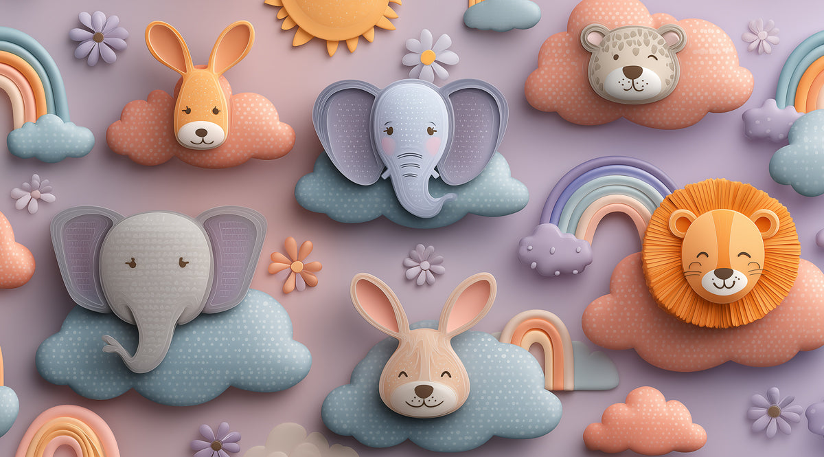3D Nursery Animal Cloud Pattern | Pastel, Cartoon Relief, Elephant & Lion Motif