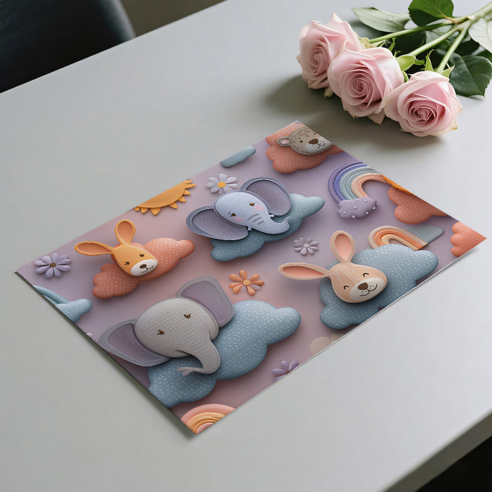 3D Nursery Animal Cloud Pattern | Pastel, Cartoon Relief, Elephant & Lion Motif