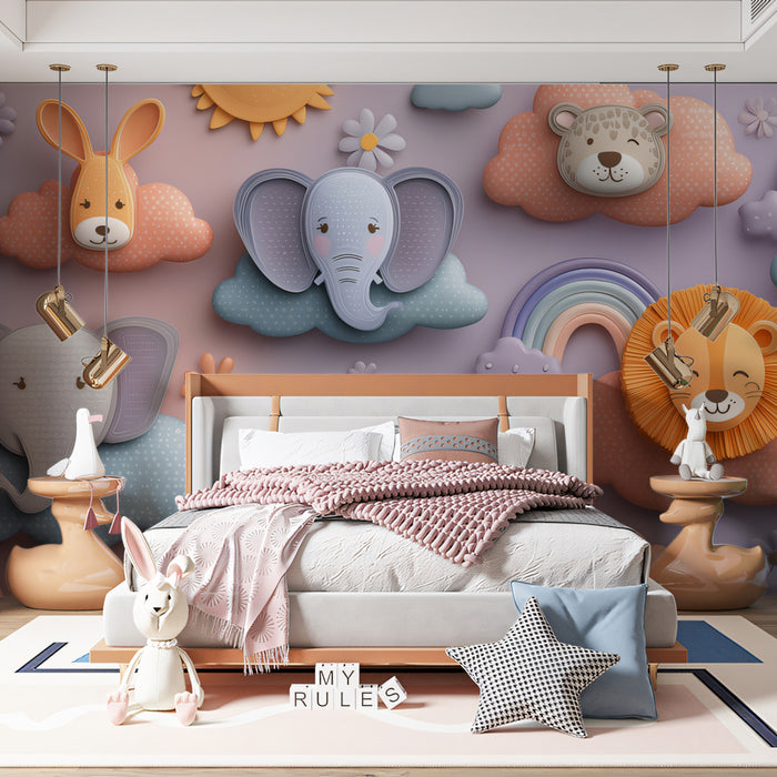3D Nursery Animal Cloud Pattern | Pastel, Cartoon Relief, Elephant & Lion Motif