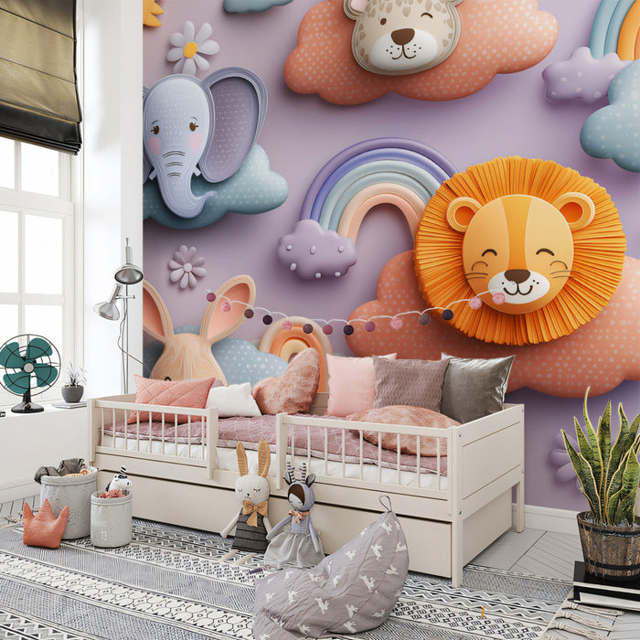 3D Nursery Animal Cloud Pattern | Pastel, Cartoon Relief, Elephant & Lion Motif