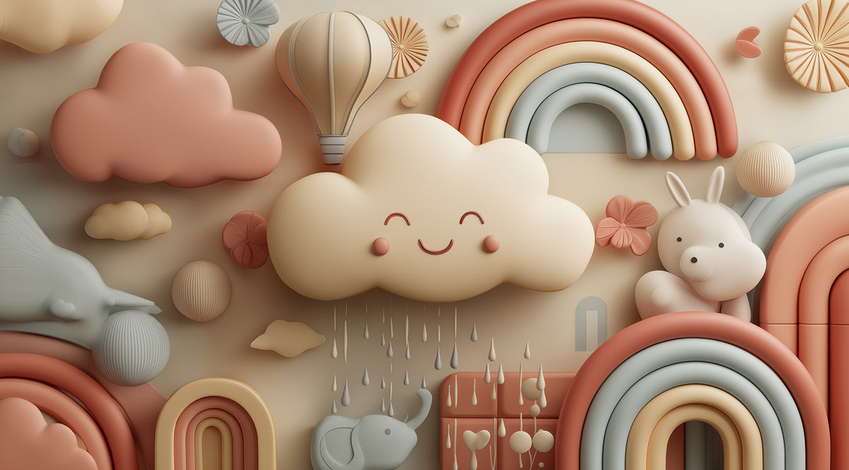 3D Pastel Rainbow Cloudscape | Textured Nursery Print, Warm Neutrals & Terracotta
