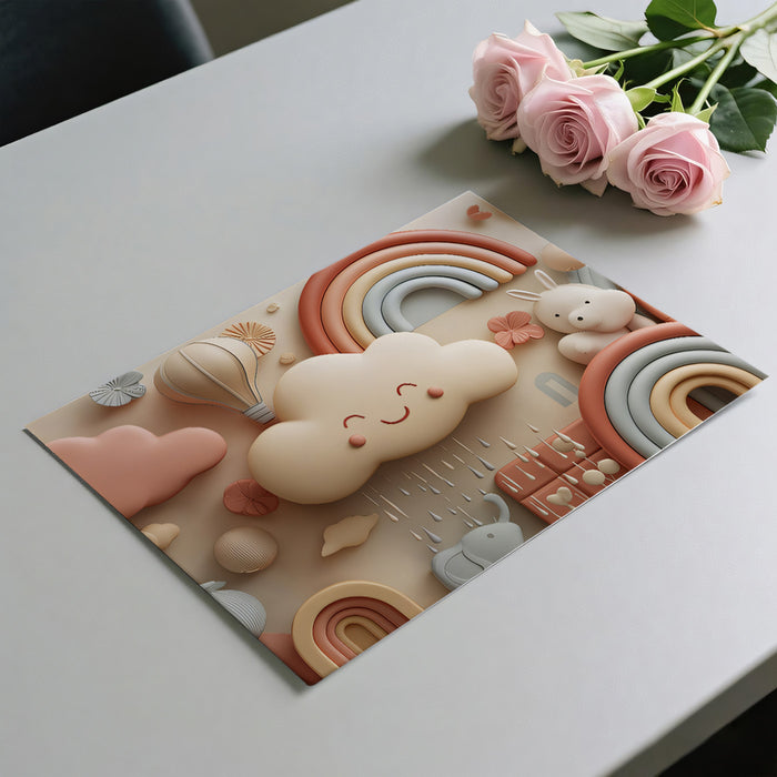 3D Pastel Rainbow Cloudscape | Textured Nursery Print, Warm Neutrals & Terracotta