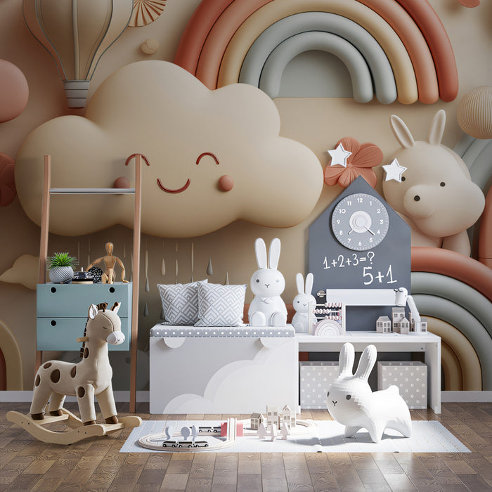 3D Pastel Rainbow Cloudscape | Textured Nursery Print, Warm Neutrals & Terracotta