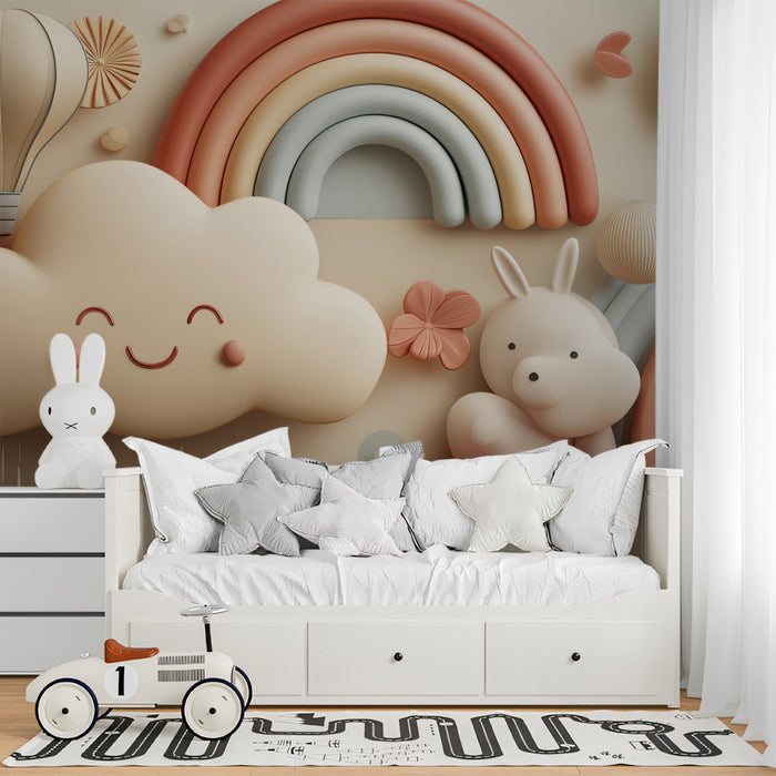 3D Pastel Rainbow Cloudscape | Textured Nursery Print, Warm Neutrals & Terracotta