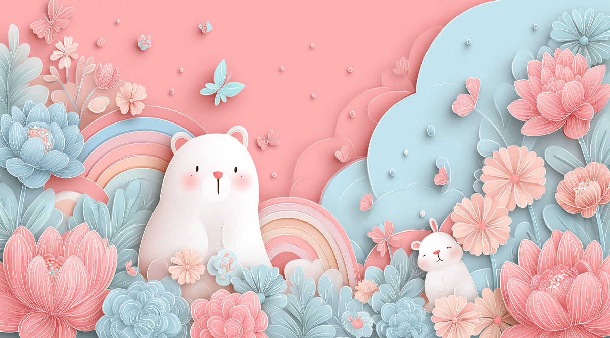 Paper-Cut Bear & Bunny Garden Mural | Pastel Pink & Blue, Floral, Nursery Art