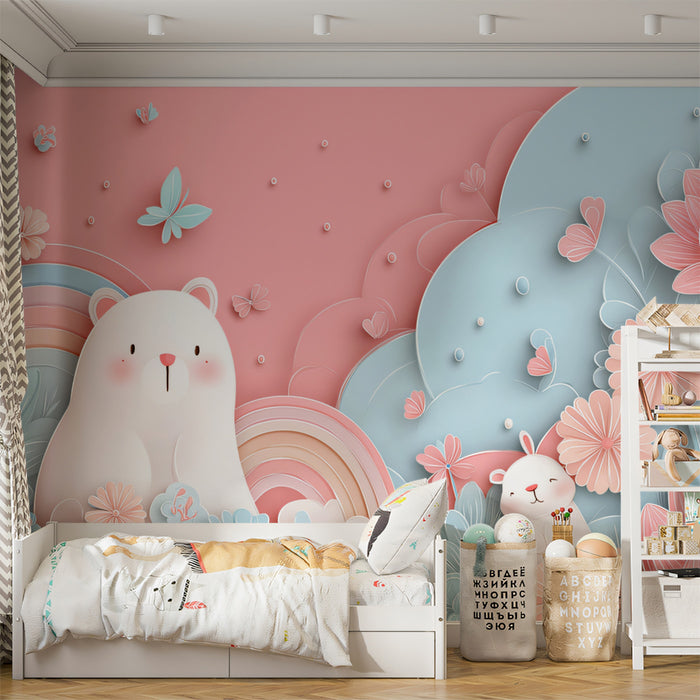 Paper-Cut Bear & Bunny Garden Mural | Pastel Pink & Blue, Floral, Nursery Art