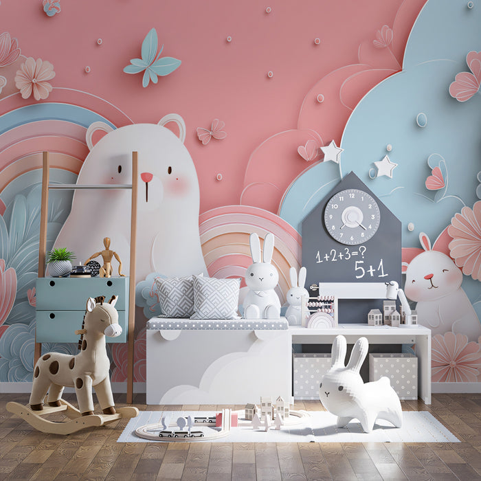 Paper-Cut Bear & Bunny Garden Mural | Pastel Pink & Blue, Floral, Nursery Art