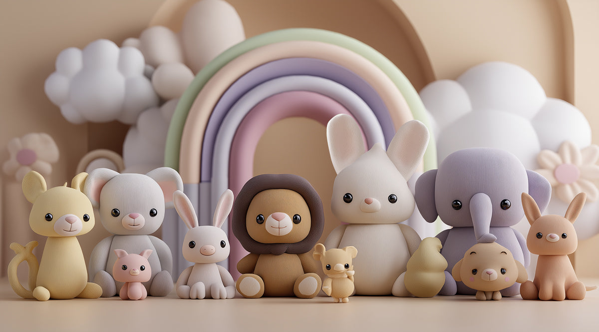 Knitted Plushie Animal Lineup Mural | Soft Texture, Neutral Nursery, Rainbow Arch