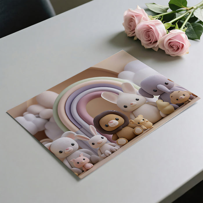 Knitted Plushie Animal Lineup Mural | Soft Texture, Neutral Nursery, Rainbow Arch