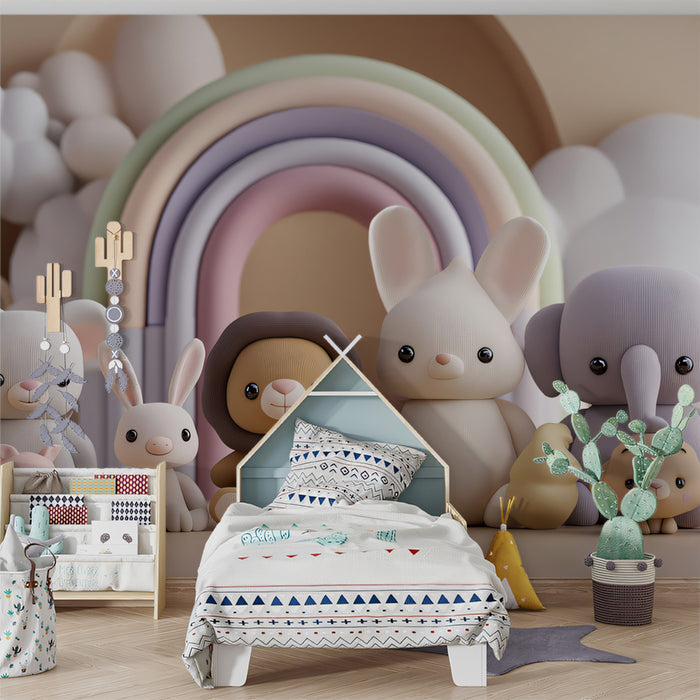 Knitted Plushie Animal Lineup Mural | Soft Texture, Neutral Nursery, Rainbow Arch