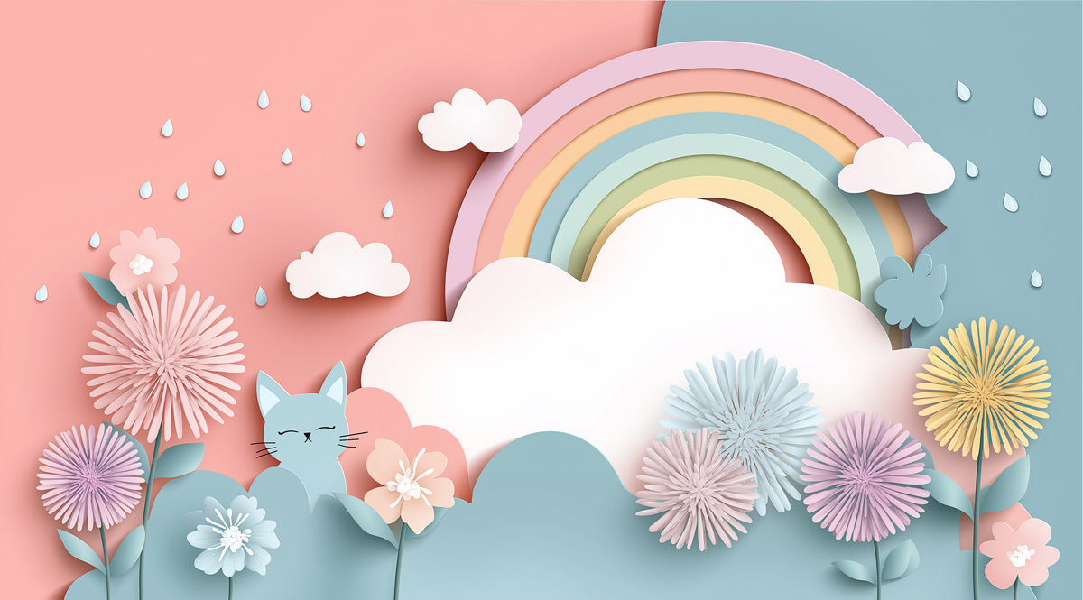 Paper-Cut Flower Rain Mural | Pastel Pink & Blue, Rainbow, Whimsical Cat