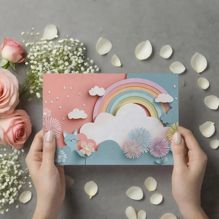 Paper-Cut Flower Rain Mural | Pastel Pink & Blue, Rainbow, Whimsical Cat