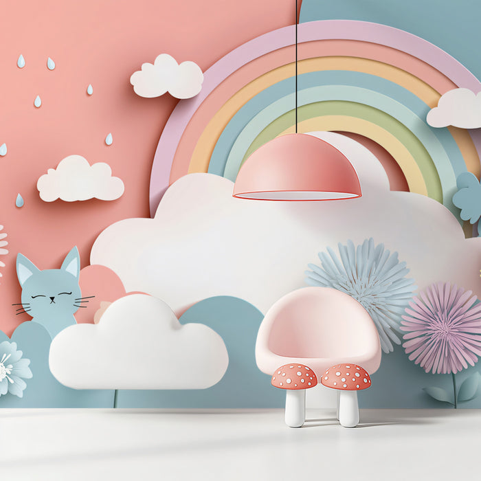 Paper-Cut Flower Rain Mural | Pastel Pink & Blue, Rainbow, Whimsical Cat