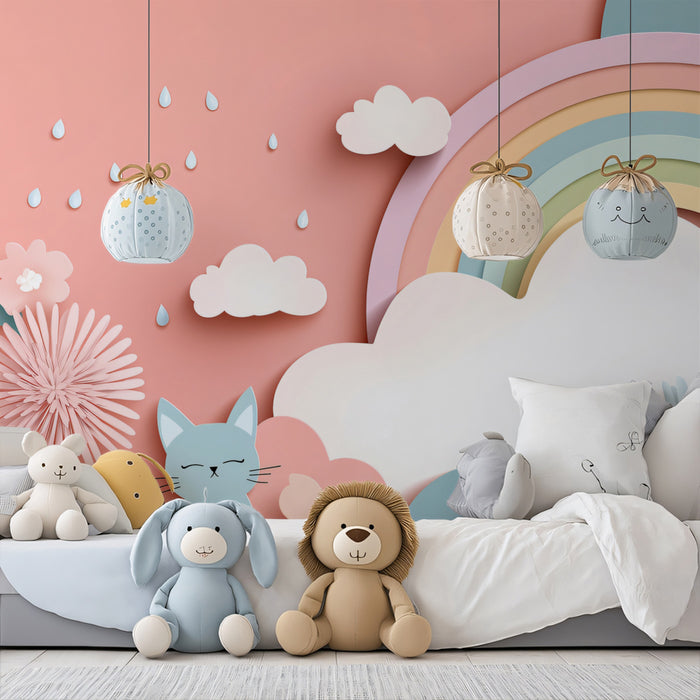 Paper-Cut Flower Rain Mural | Pastel Pink & Blue, Rainbow, Whimsical Cat