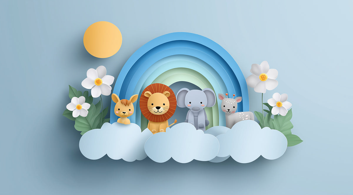 3D Paper Art Zoo Animal Cloud Mural | Light Blue, Cutout Style, Safari Theme