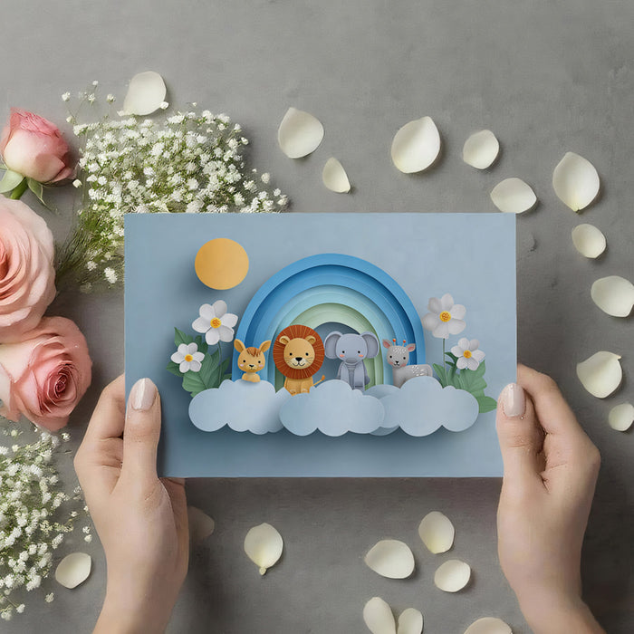 3D Paper Art Zoo Animal Cloud Mural | Light Blue, Cutout Style, Safari Theme