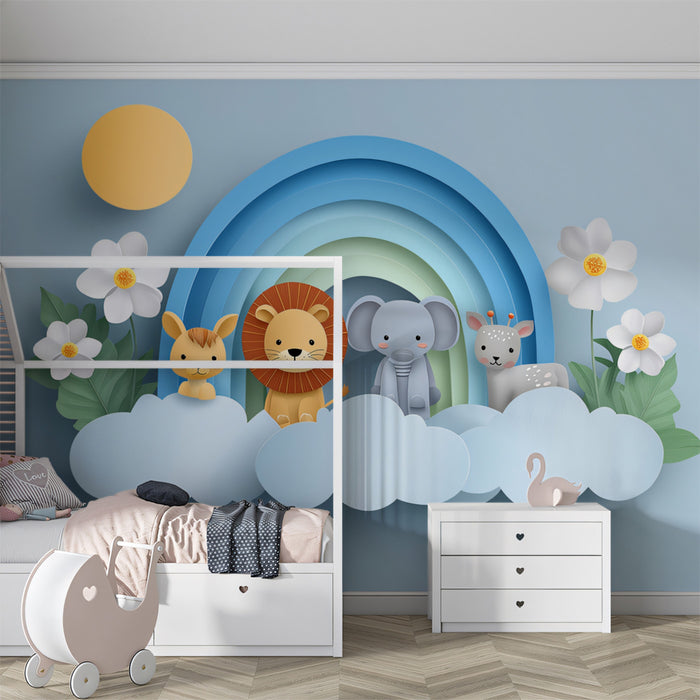 3D Paper Art Zoo Animal Cloud Mural | Light Blue, Cutout Style, Safari Theme