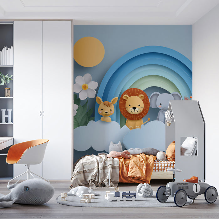 3D Paper Art Zoo Animal Cloud Mural | Light Blue, Cutout Style, Safari Theme