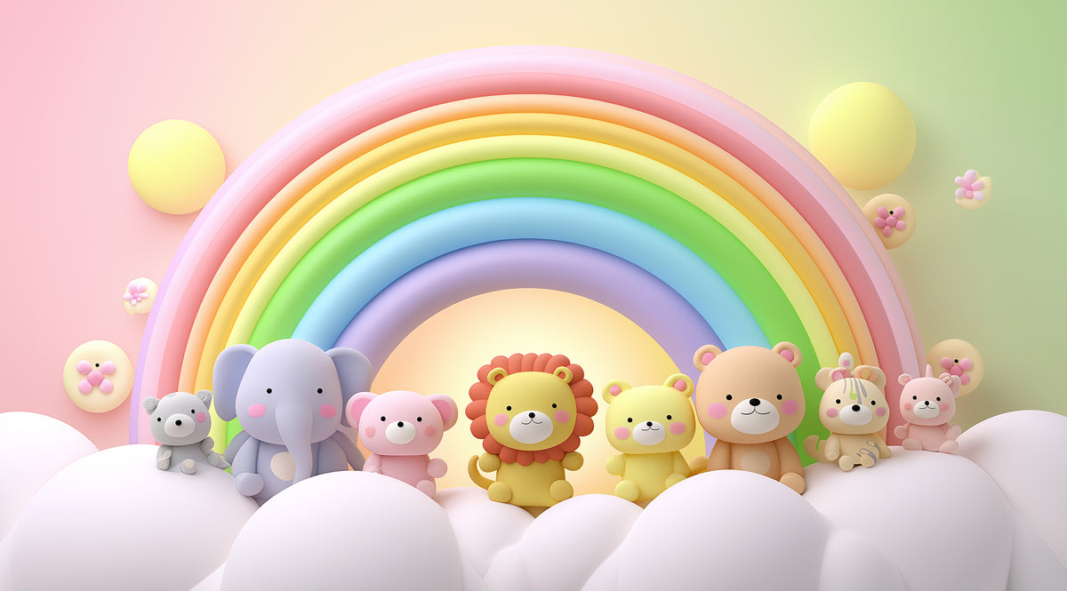 3D Rainbow Animal Arch Mural | Pastel Baby Room, Plush Toy Effect, Vibrant Colors