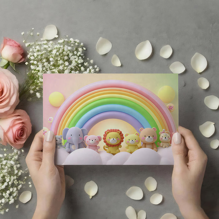 3D Rainbow Animal Arch Mural | Pastel Baby Room, Plush Toy Effect, Vibrant Colors