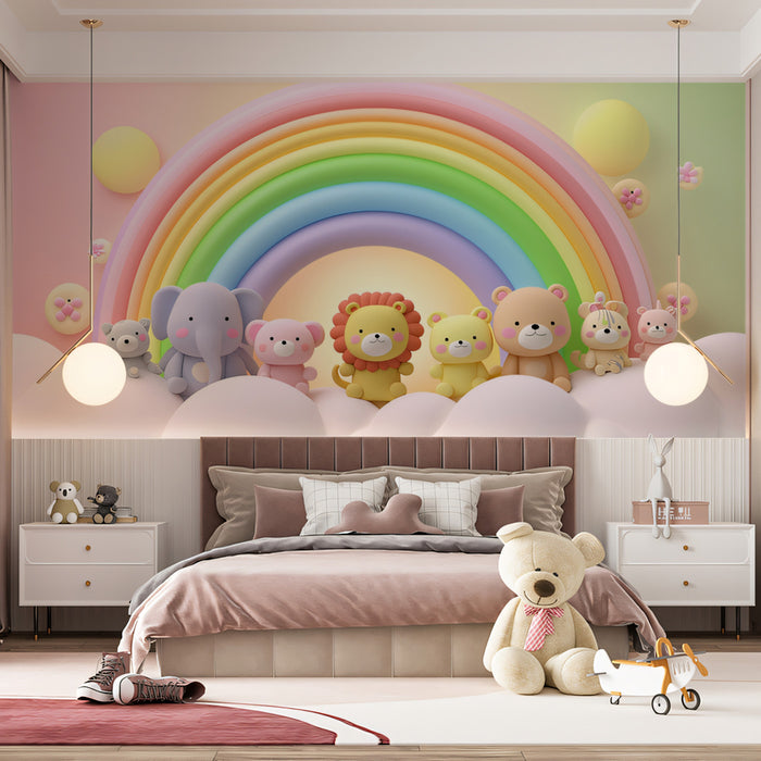 3D Rainbow Animal Arch Mural | Pastel Baby Room, Plush Toy Effect, Vibrant Colors