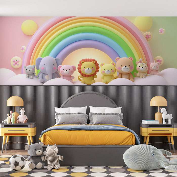 3D Rainbow Animal Arch Mural | Pastel Baby Room, Plush Toy Effect, Vibrant Colors