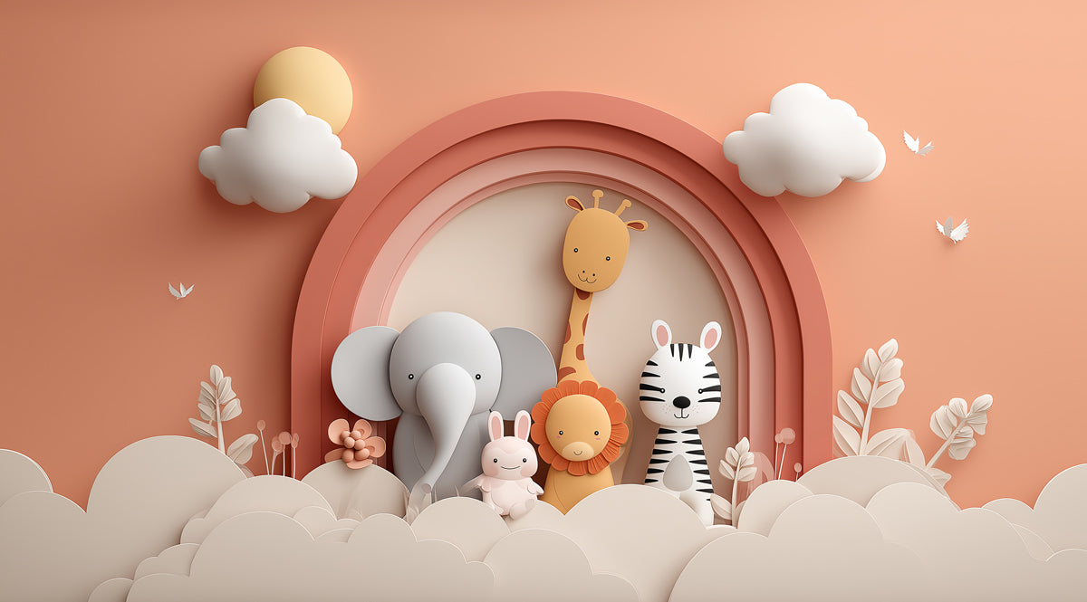 Paper-Cut Safari Rainbow Mural | Warm Neutrals, Elephant & Zebra, Minimalist Nursery