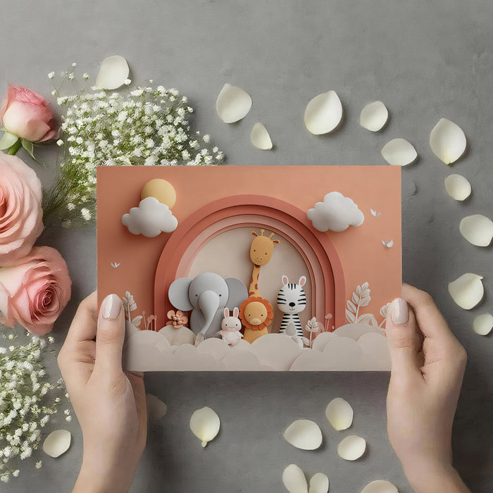 Paper-Cut Safari Rainbow Mural | Warm Neutrals, Elephant & Zebra, Minimalist Nursery