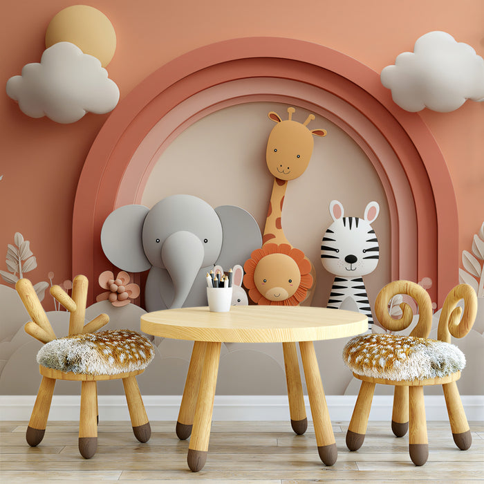 Paper-Cut Safari Rainbow Mural | Warm Neutrals, Elephant & Zebra, Minimalist Nursery