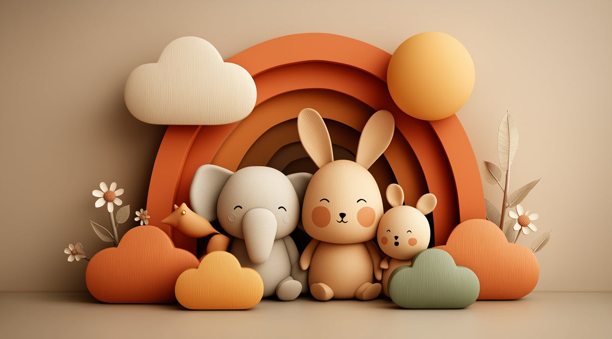 3D Boho Nursery Animal Mural | Warm Earth Tones, Rabbit & Elephant, Rainbow Arch