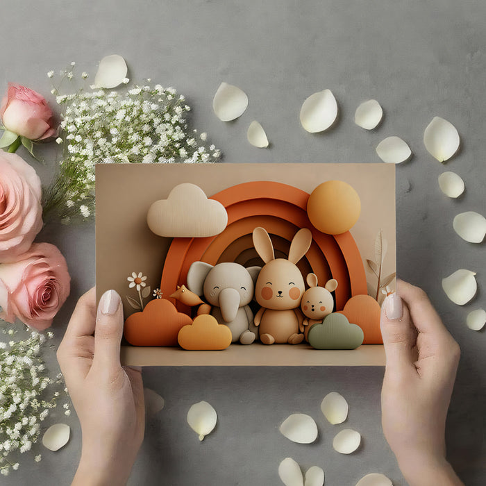 3D Boho Nursery Animal Mural | Warm Earth Tones, Rabbit & Elephant, Rainbow Arch