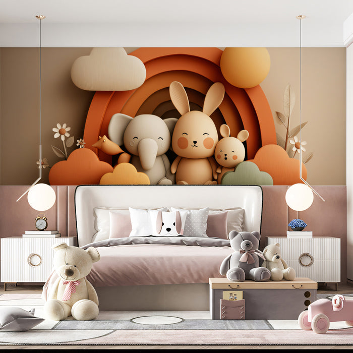 3D Boho Nursery Animal Mural | Warm Earth Tones, Rabbit & Elephant, Rainbow Arch