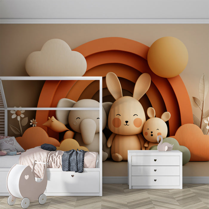 3D Boho Nursery Animal Mural | Warm Earth Tones, Rabbit & Elephant, Rainbow Arch