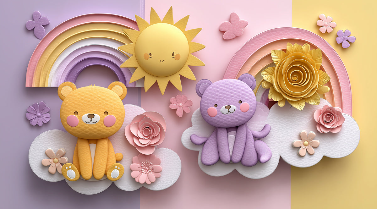 3D Teddy Bear Rainbow Mural | Pastel Purple & Yellow, Paper Flower Art, Nursery Split Tone