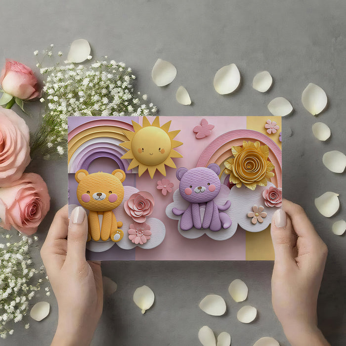 3D Teddy Bear Rainbow Mural | Pastel Purple & Yellow, Paper Flower Art, Nursery Split Tone