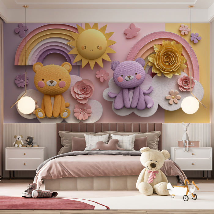 3D Teddy Bear Rainbow Mural | Pastel Purple & Yellow, Paper Flower Art, Nursery Split Tone