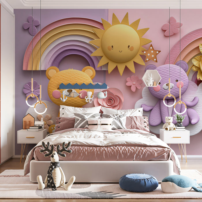 3D Teddy Bear Rainbow Mural | Pastel Purple & Yellow, Paper Flower Art, Nursery Split Tone