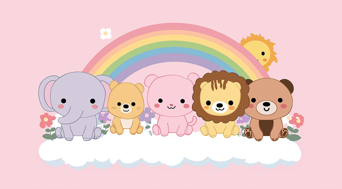 Kawaii Animal Rainbow Lineup Mural | Pastel Pink Background, Cute Elephant & Lion