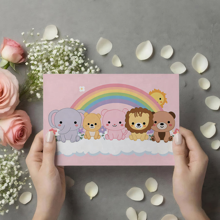 Kawaii Animal Rainbow Lineup Mural | Pastel Pink Background, Cute Elephant & Lion