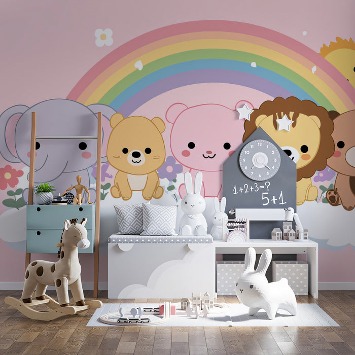 Kawaii Animal Rainbow Lineup Mural | Pastel Pink Background, Cute Elephant & Lion