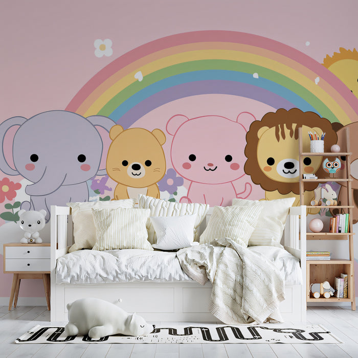 Kawaii Animal Rainbow Lineup Mural | Pastel Pink Background, Cute Elephant & Lion