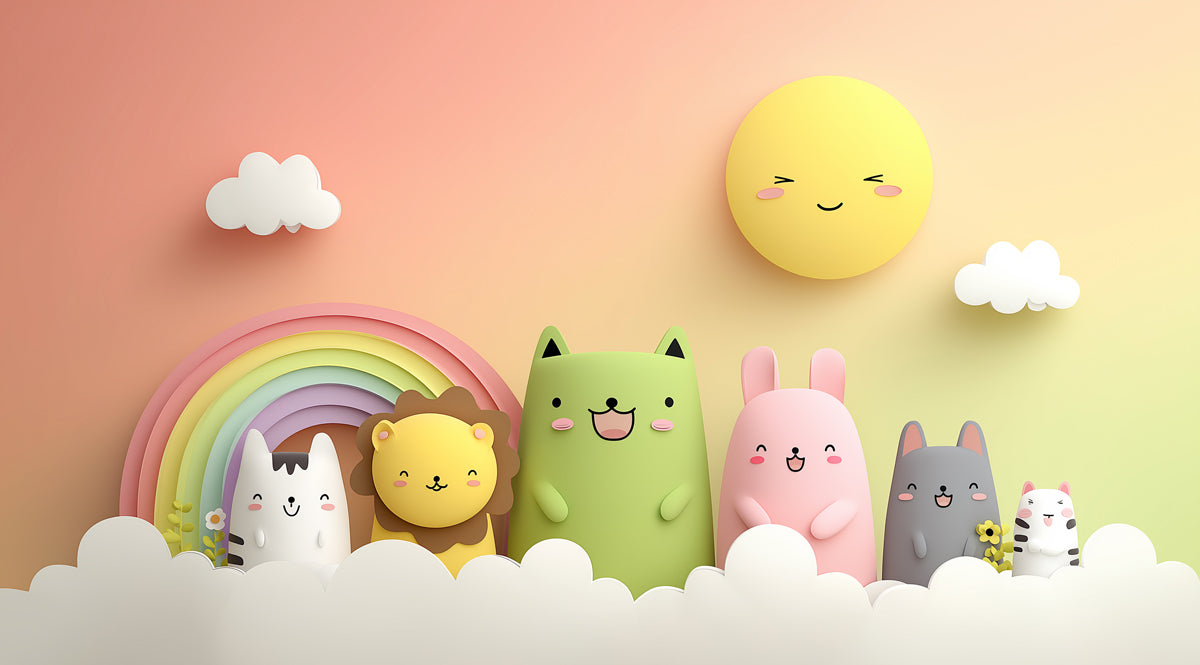 3D Soft-Sculpture Animal Mural | Pastel Rainbow, Cute Cats & Bunnies, Sunset Hues