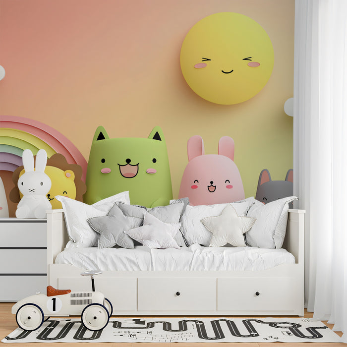 3D Soft-Sculpture Animal Mural | Pastel Rainbow, Cute Cats & Bunnies, Sunset Hues