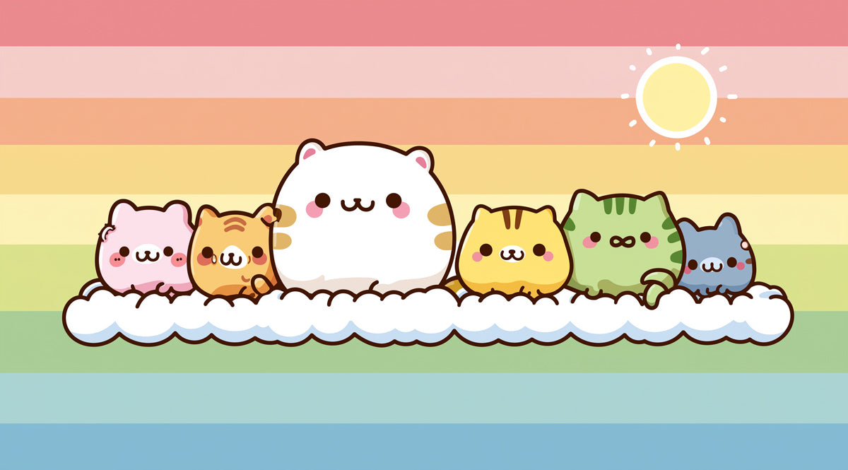 Kawaii Cat Rainbow Stripe Mural | Cute Kitty Lineup, Horizontal Pastel Background