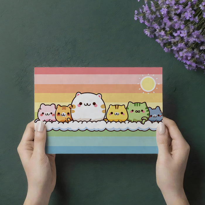 Kawaii Cat Rainbow Stripe Mural | Cute Kitty Lineup, Horizontal Pastel Background