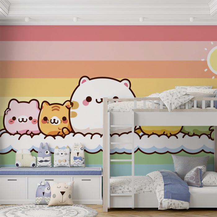 Kawaii Cat Rainbow Stripe Mural | Cute Kitty Lineup, Horizontal Pastel Background