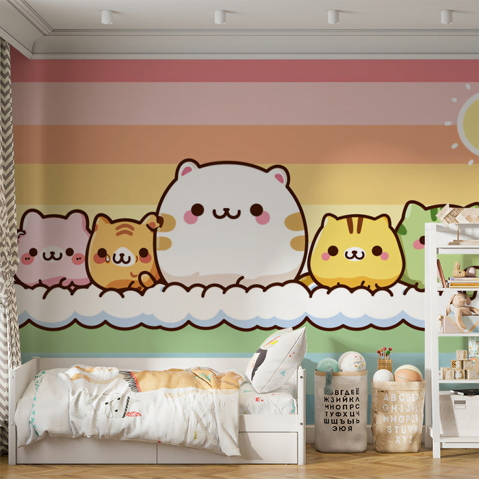 Kawaii Cat Rainbow Stripe Mural | Cute Kitty Lineup, Horizontal Pastel Background