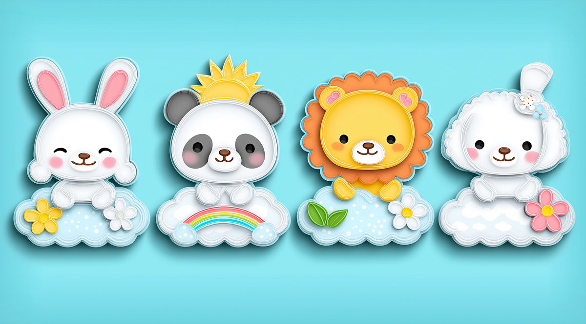 Cute Animal Cloud Cutout Mural | Vibrant Nursery Art, Panda, Lion & Bunny